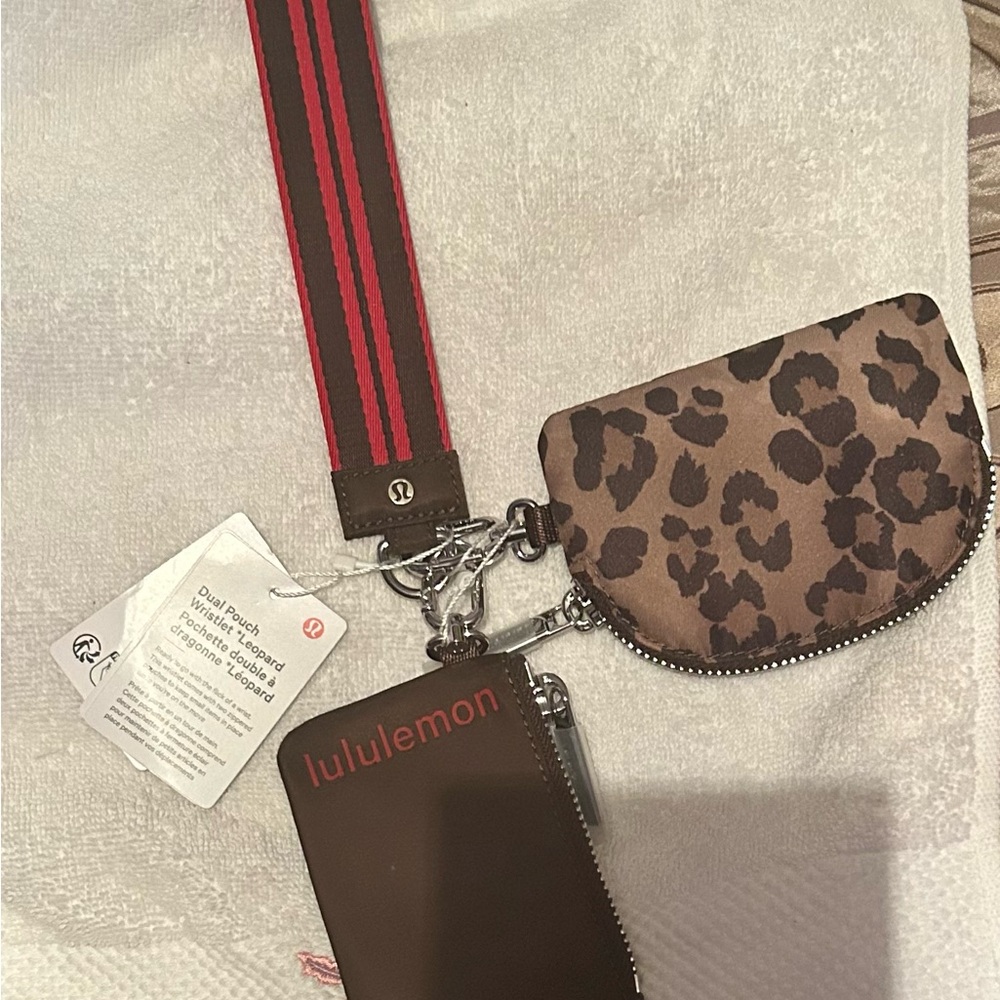 Lululemon Dual pouch wristlet Brown Leopard with Red Strap